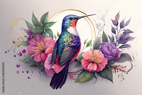 Colorful humming bird on stick tree with flower in watercolor design artistic. Concept of painting technique isolated on white background in canvas. Glorious generative AI. photo