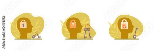 Set of vector illustrations with human brain and keys to solve mental health problems, finding a correct key, love and care are keys. Cartoon flat style design. Psychotherapy, neuropsychology concept. photo