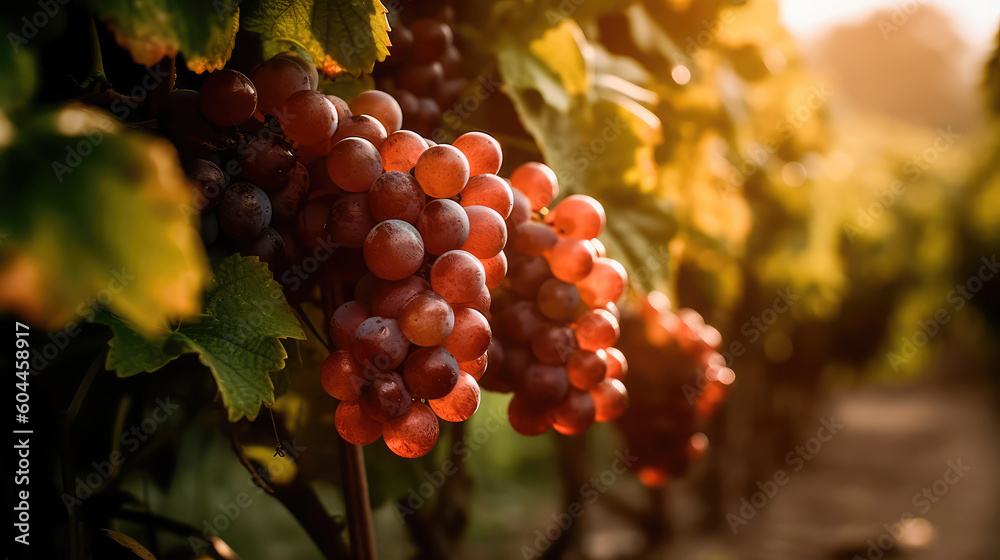 Bunch of grapes hanging from a tree branch in a vineyard at sunset. Generative AI Bunch of grapes hanging from a tree branch in a vineyard at sunset. Generative AI