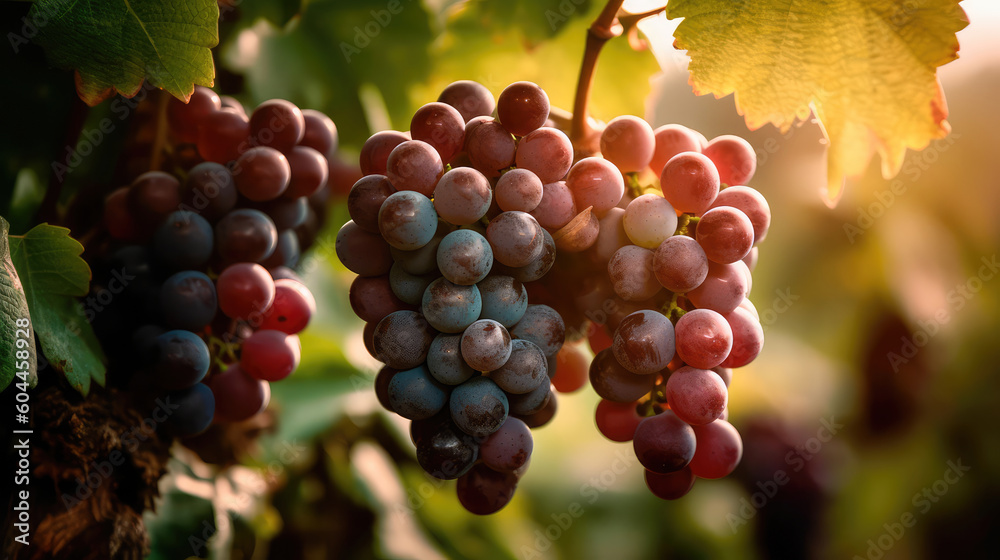 Bunch of grapes hanging from a tree branch in a vineyard at sunset. Generative AI