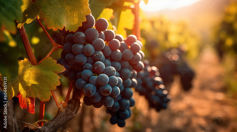 Fototapeta premium Bunch of grapes hanging from a tree branch in a vineyard at sunset. Generative AI