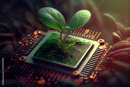 Close-up view of circuit board with microchip and plant sprout taken on black background. Nanotechnology and environmental conservation concept, High quality illustration