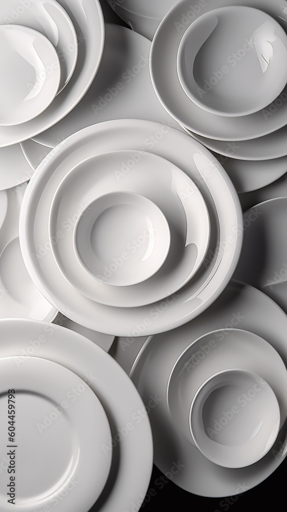 many white empty plates top view photo, ceramic modern, ai generation many white empty plates top view photo, ceramic modern, ai generation