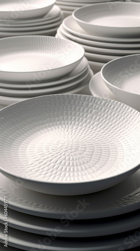 many white empty plates top view photo, ceramic modern, ai generation