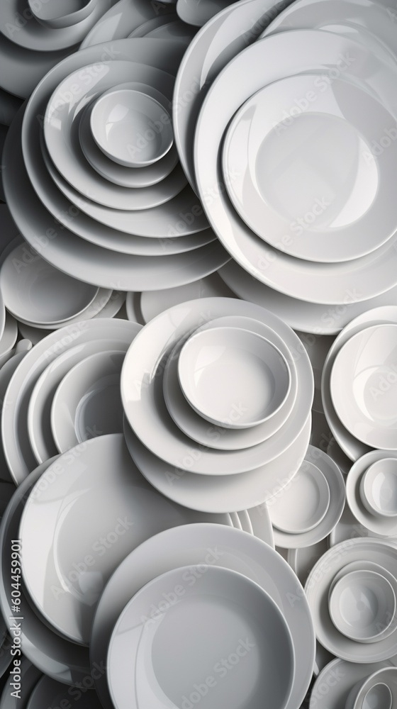 many white empty plates top view photo, ceramic modern, ai generation many white empty plates top view photo, ceramic modern, ai generation