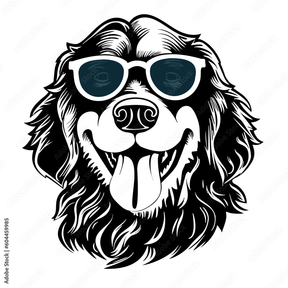 Happy vector dog wearing glasses, one color, plus lens for the glasses.