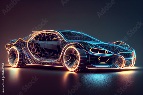 Glowing abstract car outline silhouette on dark background. Futuristic sports car wireframe intersection. High quality illustration