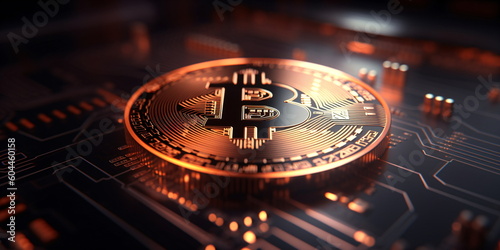 Bitcoin on a circuit board. Cryptocurrency Blockchain Background - created with AI 