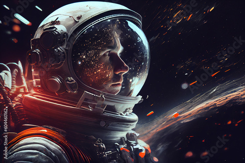 Human in Space concept. Future Scientific Astronaut. A Futuristic Space man deep in space. High quality illustration