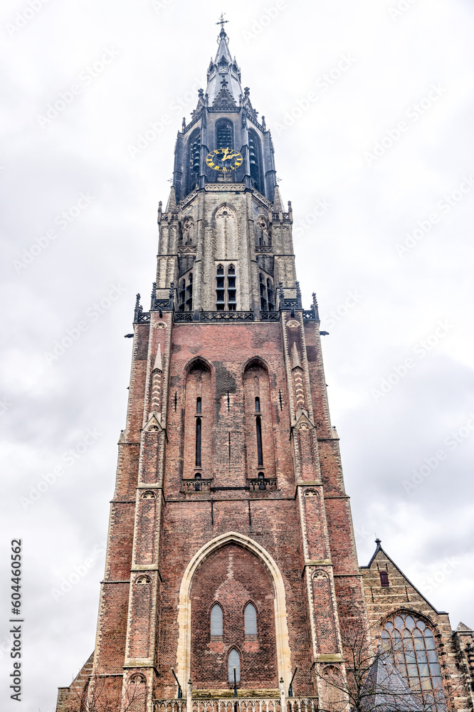 Delft, Netherlands - March 31, 2023:  The tower of the New Church of Delft in the Netherlands

