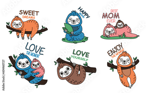 Set of cute sloths. Collection of tropical and exotic asian animals in doodle style. Stickers for social networks and messengers. Cartoon flat vector illustrations isolated on white background
