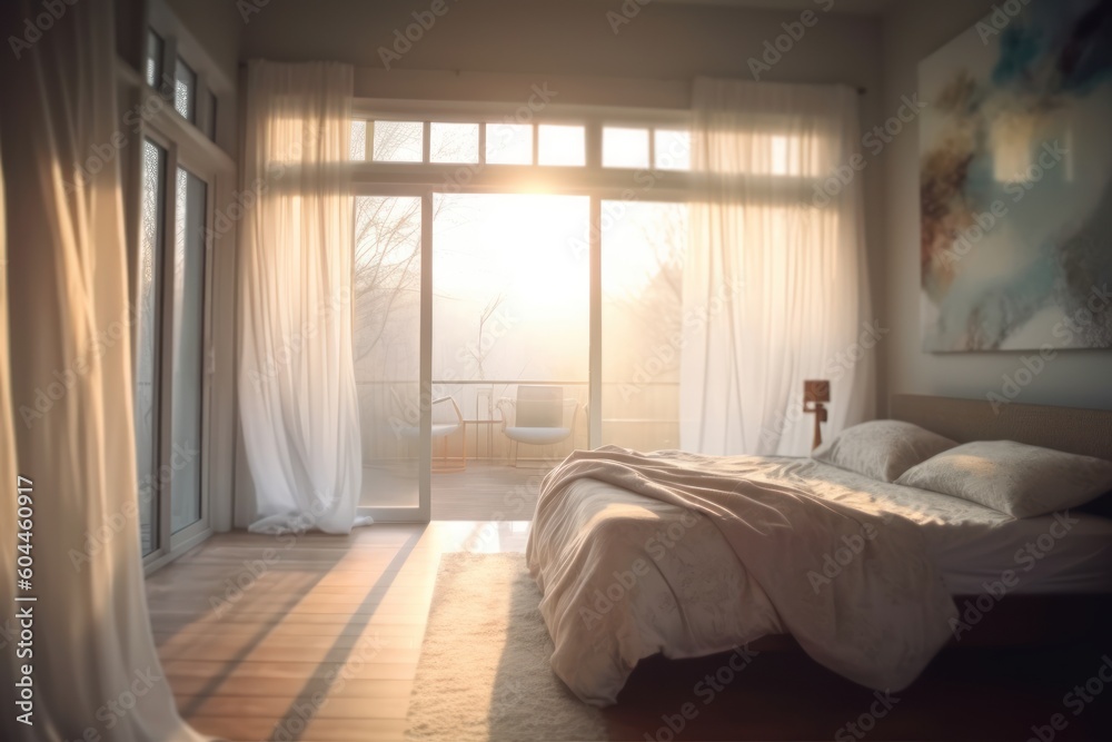 AI Generated Blurred bedroom in the morning view background AI Generated Blurred bedroom in the morning view background