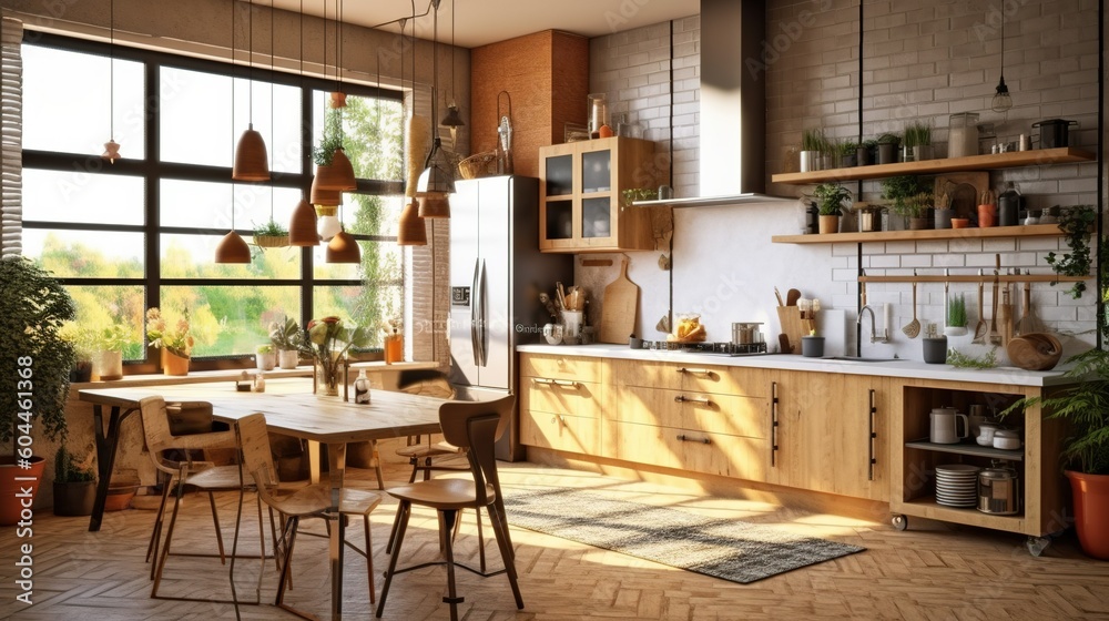 Modern design wooden Scandi-Boho style kitchen. Generative AI