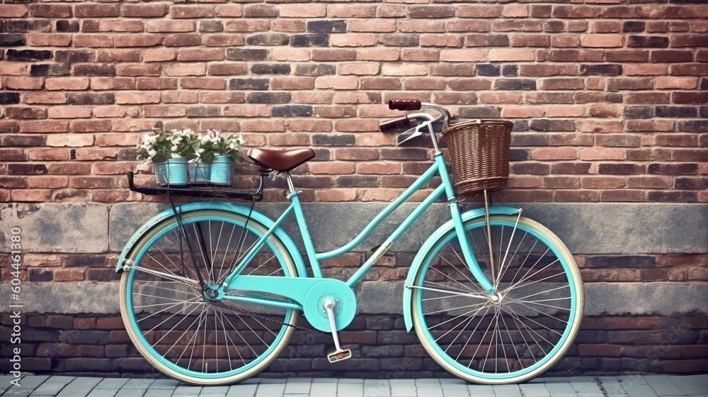 Vintage bicycle propped up against a charming old brick wall in European village. Generative AI