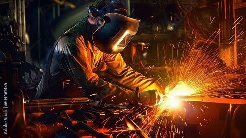 Skilled welder in action as he uses a welding torch to fuse metal together. Generative AI © Natalia S.