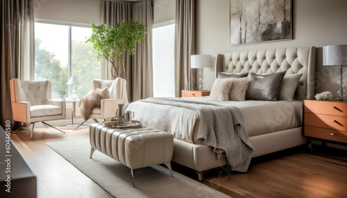 Modern living room with sofa. Sleek and contemporary master bedroom with a neutral color palette.
