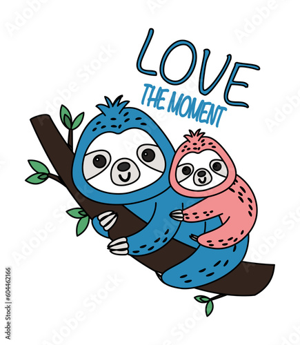 Cute family sloth. Exotic Asian animals lies on branch next to text love moment. Mother with child, mom with baby at back. Zoology and biology. Cartoon flat vector illustration