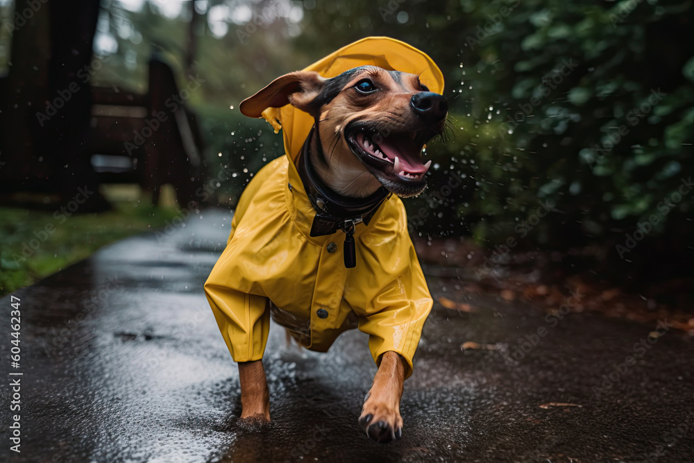 a dog wearing a yellow raincoat running in the rain with it's mouth ...