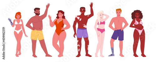 Body positive people set vector illustration. Cartoon isolated happy man and woman in bikini, with acceptance of different beauty and body features, friends characters standing together in row photo