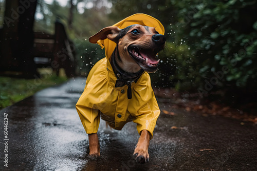 a dog wearing a yellow raincoat running in the rain with it's mouth open and its tongue out. Generative Ai photo