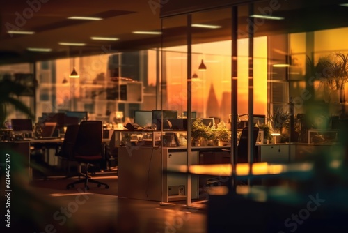 AI Generated Blurred office workspace in the evening background