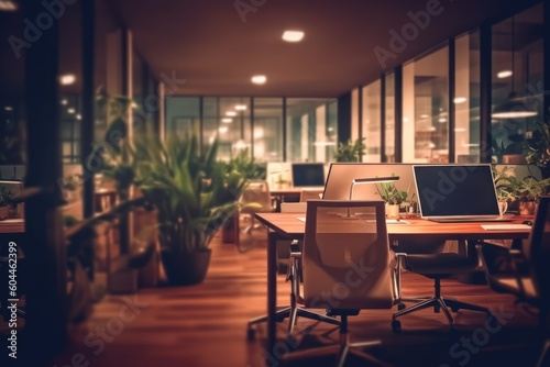 AI Generated Blurred office workspace in the evening background