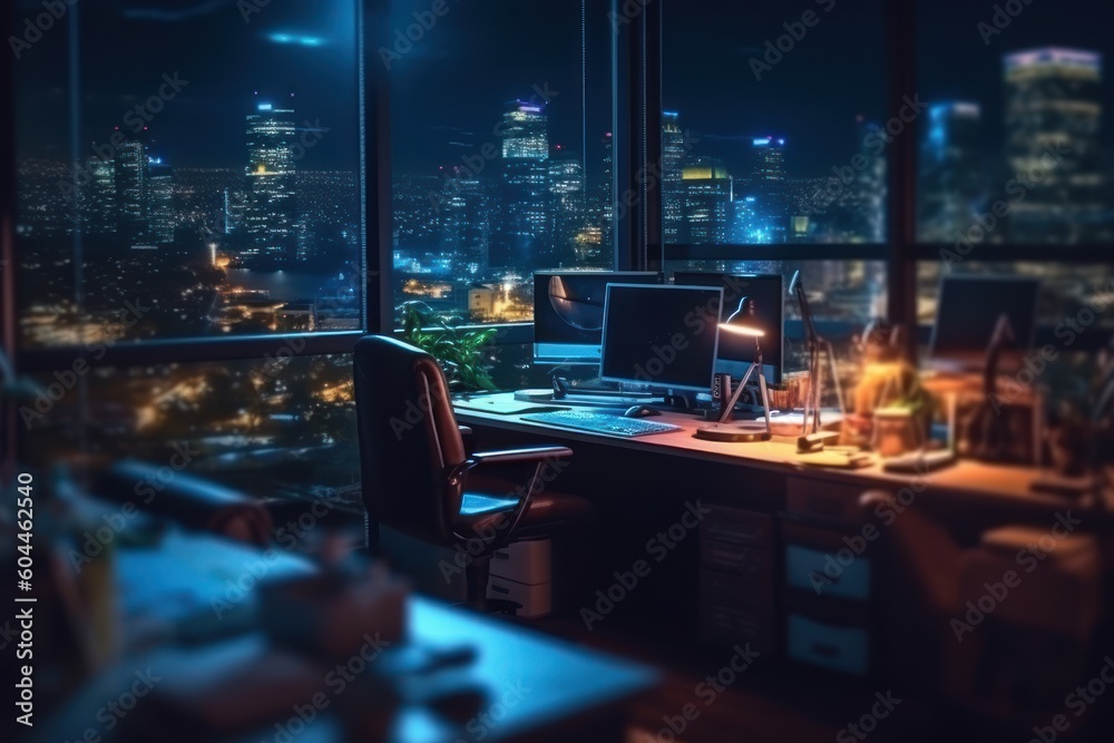 AI Generated Blurred office workspace in the night view background