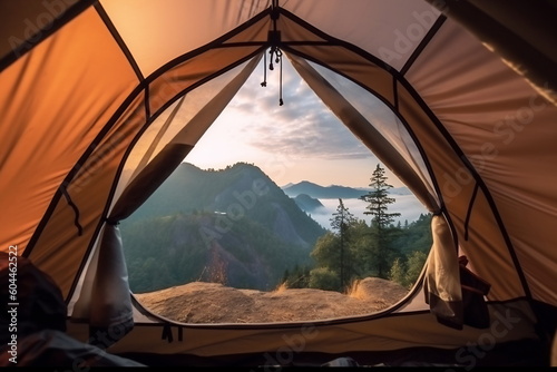 The door tent view lookout camping in the morning. Glamping camping teepee tent Generative AI © Canvas Alchemy
