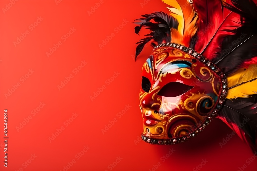 Beautiful carnival mask with feathers on red background with copyspace