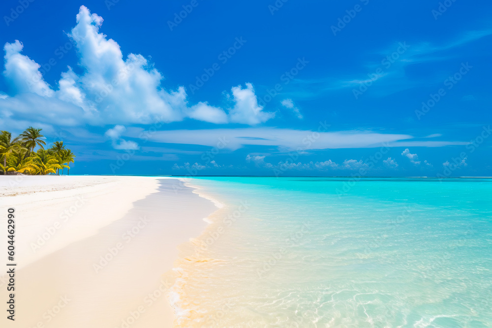 An idyllic scene of Maldives island's tropical beach, featuring its soft white sand, tall palm trees, and crystal-clear turquoise waters, all generated by Generative AI