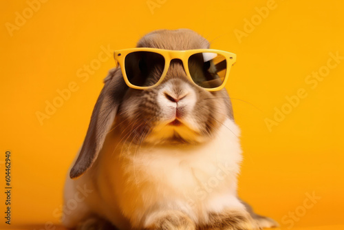 Adorable rabbit with stylish shades looking cool and playful. Vibrant yellow background adds a pop of color. AI Generative. © sorapop