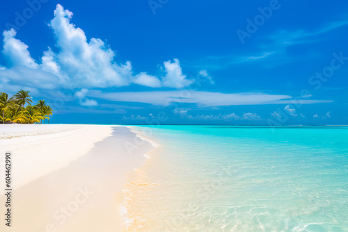 An idyllic scene of Maldives island's tropical beach, featuring its soft white sand, tall palm trees, and crystal-clear turquoise waters, all generated by Generative AI