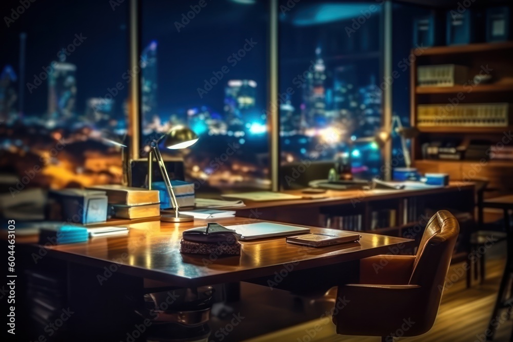 AI Generated Blurred office workspace in the night view background