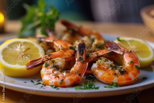 Flavors of the Sea. Savor the mouthwatering combination of grilled Tiger shrimp, butter, aromatic herbs, and tangy lemon. AI Generative