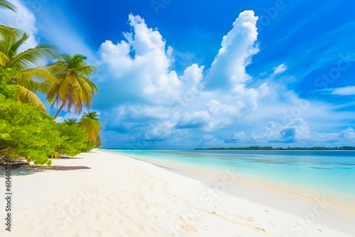 A picturesque view of Maldives island's tropical beach, with its soft white sand, towering palm trees, and pristine turquoise waters, all created by Generative AI