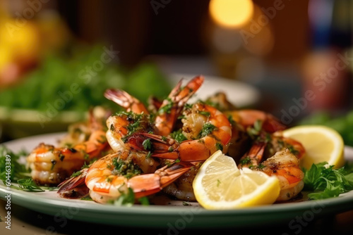 Flavors of the Sea. Savor the mouthwatering combination of grilled Tiger shrimp, butter, aromatic herbs, and tangy lemon. AI Generative