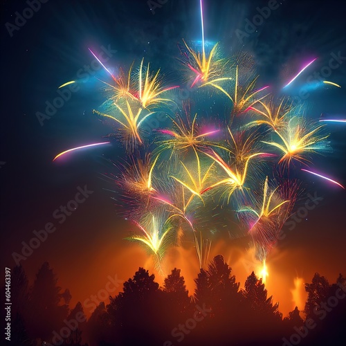 Generative AI Illustration of a Fireworks and a great Celebration in the Sky at Night