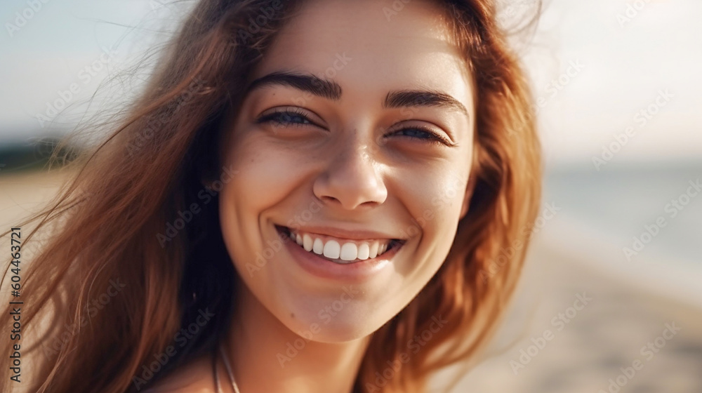 Pretty young smiling long haired woman on a beach, copyspace. Generative AI Pretty young smiling long haired woman on a beach, copyspace. Generative AI