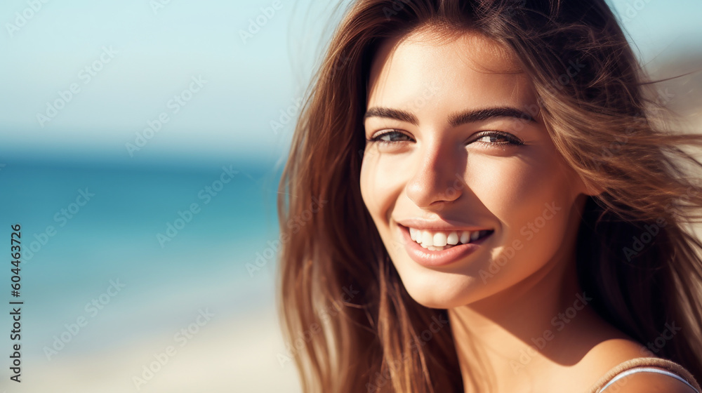 Pretty young smiling woman on a beach, copyspace, banner. Generative AI Pretty young smiling woman on a beach, copyspace, banner. Generative AI