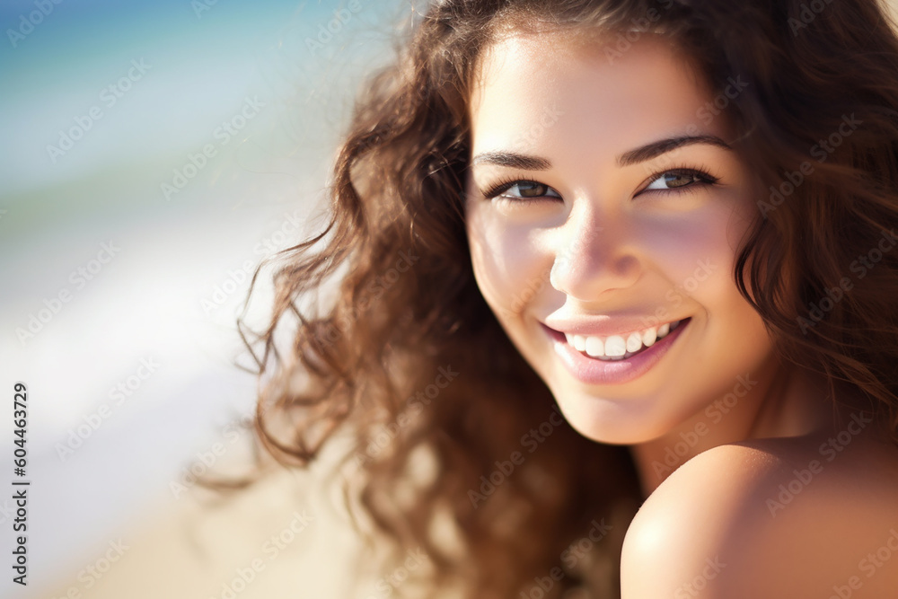 Pretty young curly smiling woman on a beach, copy space. Generative AI Pretty young curly smiling woman on a beach, copy space. Generative AI