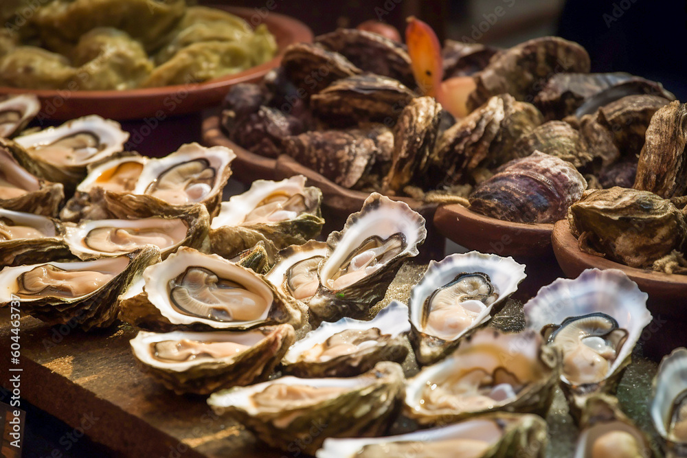 Assortment of oysters in the market. Generative AI Assortment of oysters in the market. Generative AI