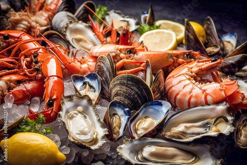 Assortment of seafood on a showcase. Generative AI