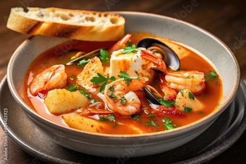 Hearty bowl of seafood bouillabaisse, a homemade and rustic dish with a coastal twist. French cuisine and comfort concept. AI Generative