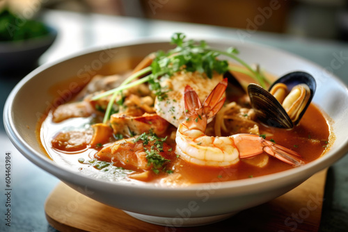 Hearty bowl of seafood bouillabaisse, a homemade and rustic dish with a coastal twist. French cuisine and comfort concept. AI Generative
