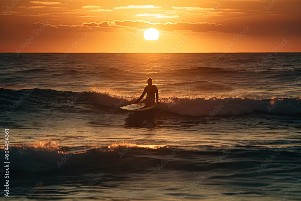 a person surfing in the ocean at sunset or sunrise time on their surf board, with sun setting behind them. Generative Ai