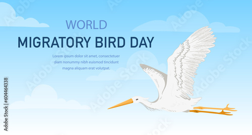 Day of migratory birds. International holiday and festival. Ornithology and biology. White stork flaps its wings and flies in sky with clouds. Landing page design. Cartoon flat vector illustration