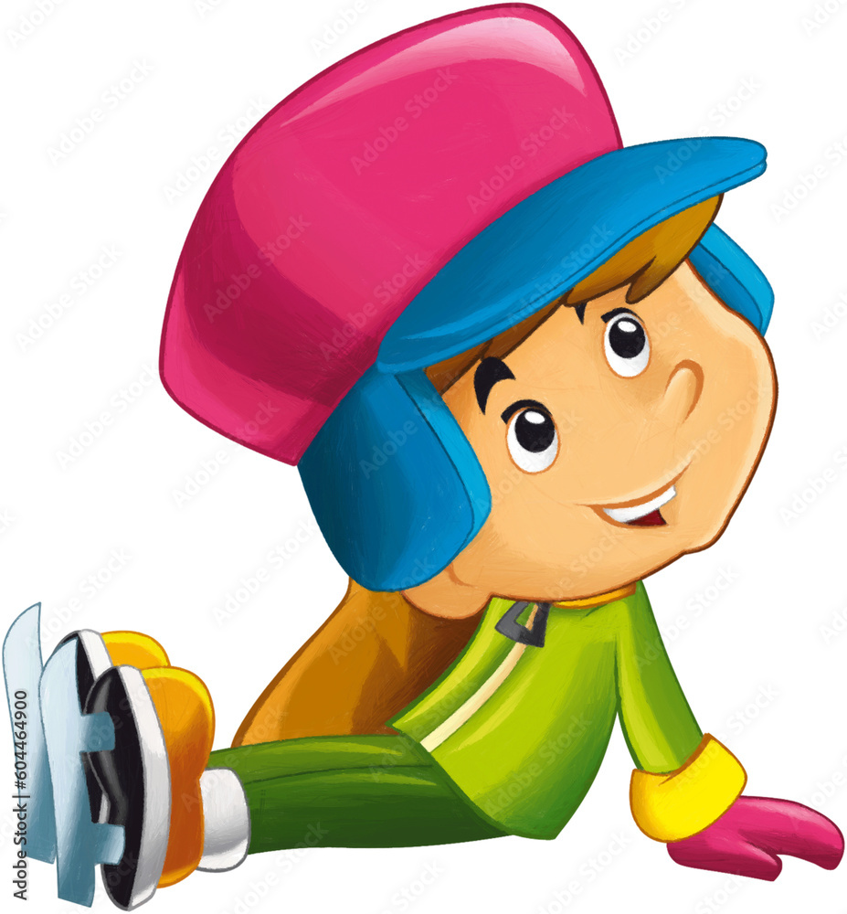 Obraz premium cartoon scene with young boy sitting or having accident on ice skating doing sport isolated illustration for children