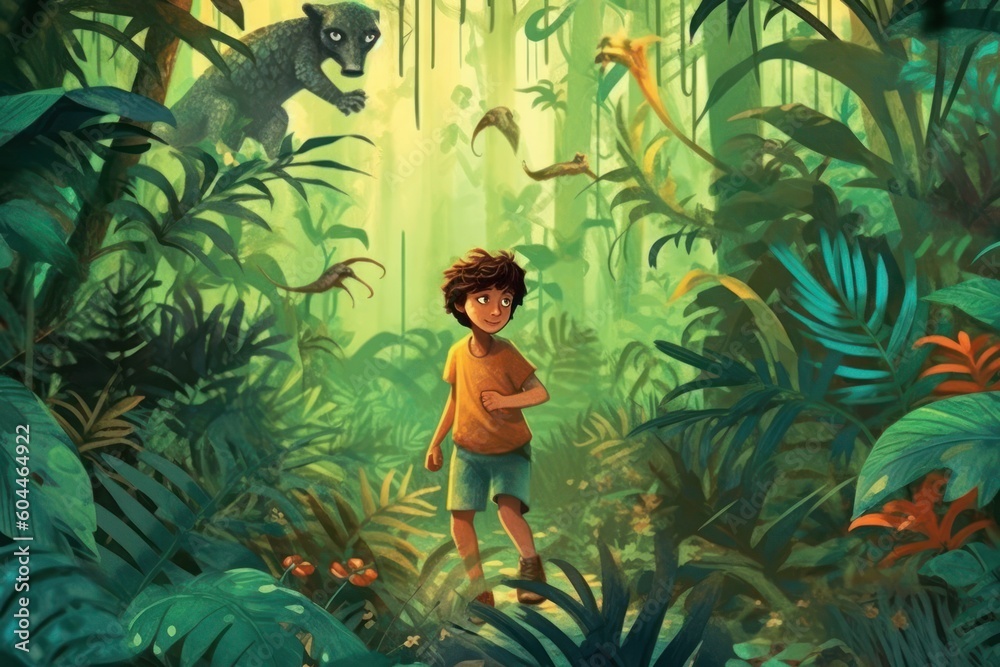 AI Generated childrens story book page of boy adventures into a lush forest background AI Generated childrens story book page of boy adventures into a lush forest background