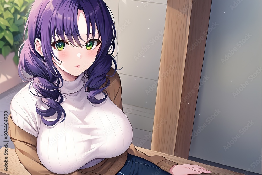 Beautiful Buxom Anime Girl With Violet Hairs And White Dress Generative Beautiful Buxom Anime Girl With Violet Hairs And White Dress Generative