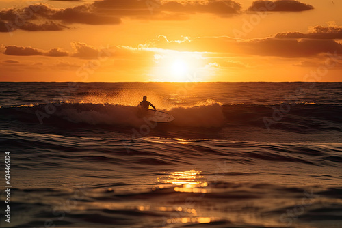the sun setting over the ocean with a person on a surfboard in the fore - image taken at sunset time. Generative Ai